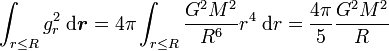 \int_{r \leq R} g_r^2 \; {\rm d} {\boldsymbol r} = 4 \pi \int_{r \leq R} \frac{G^2 M^2}{R^6} r^4 \; {\rm d} r = \frac{4 \pi}{5} \frac{G^2 M^2}{R}